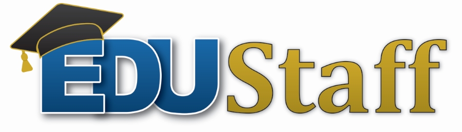 A logo featuring the text 'EDUStaff' with a graduation cap icon above the 'EDU' part, where 'EDU' is in blue and 'Staff' is in gold.