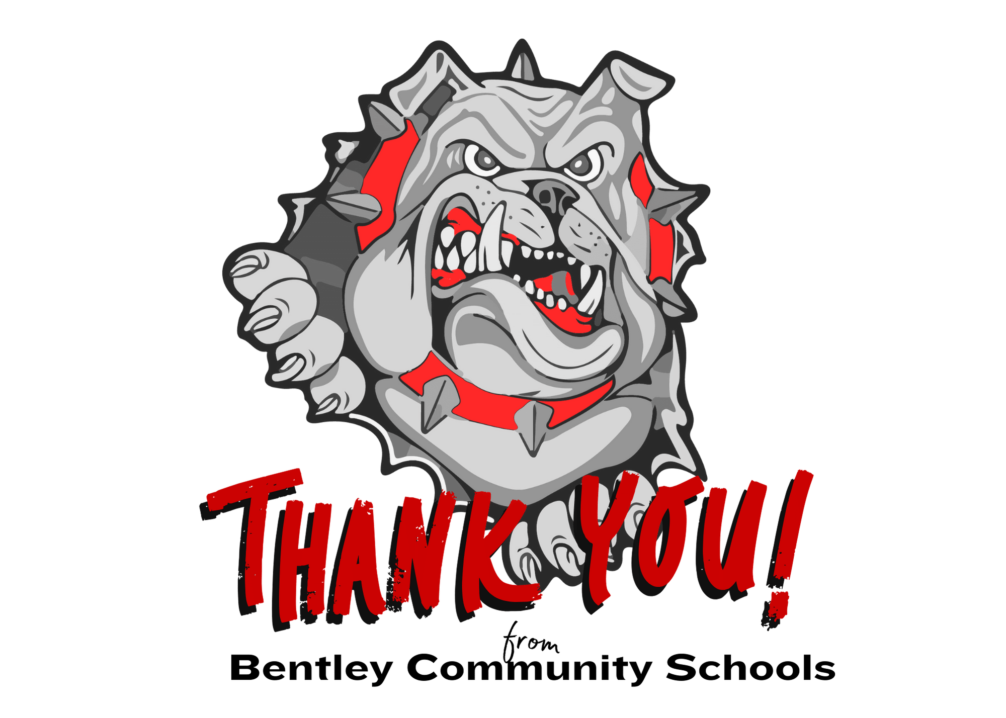 A fierce bulldog head with sharp teeth and spikes, accompanied by the text 'THANK YOU!' in bold red letters.