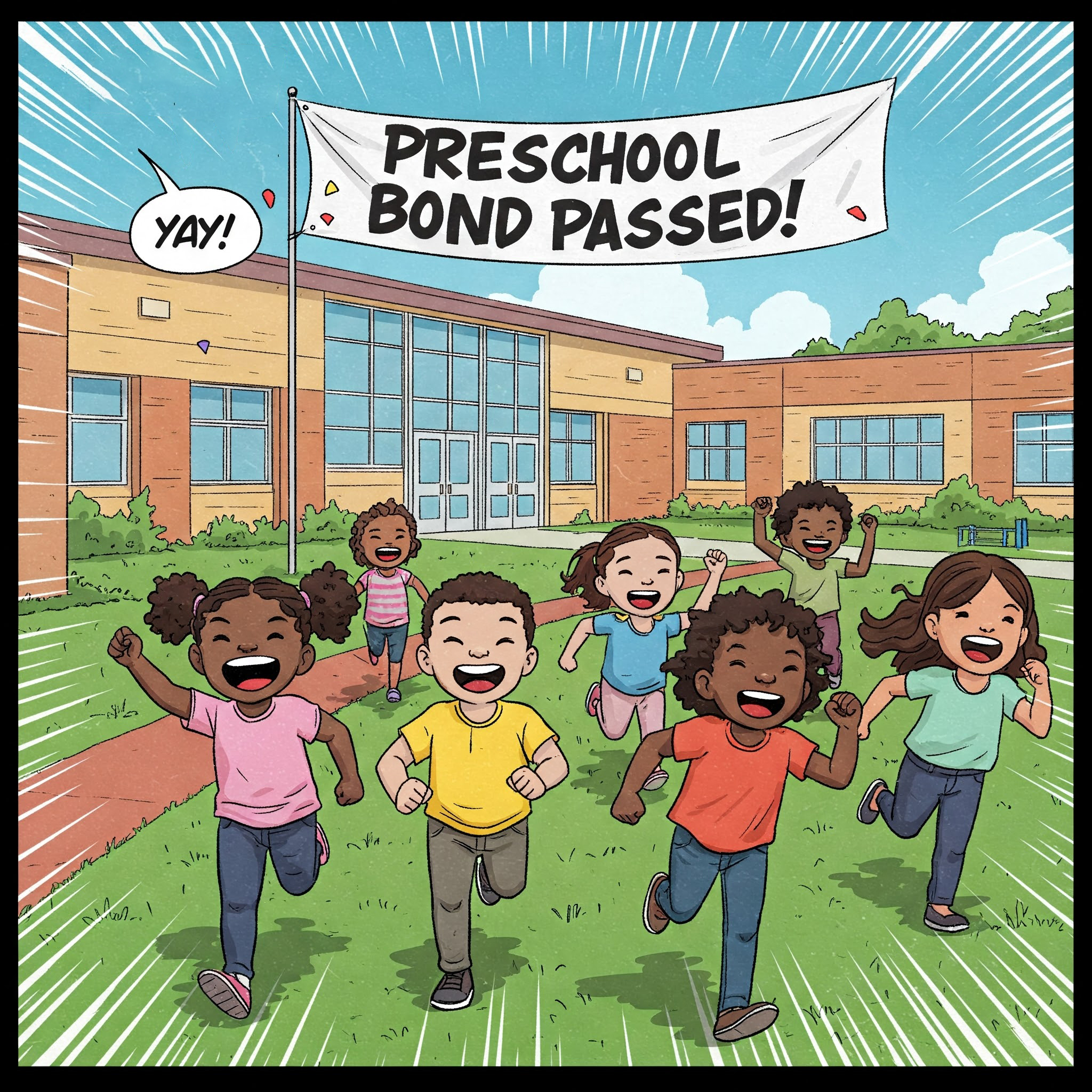 Cartoon image of small children running and cheering "Yay!" with a flag that reads "Preschool Bond Passed!"