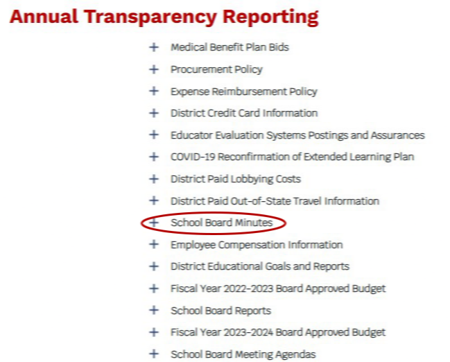 Example image of the Annual Transparency Reporting portal with the "+ School Board Minutes" section highlighted 