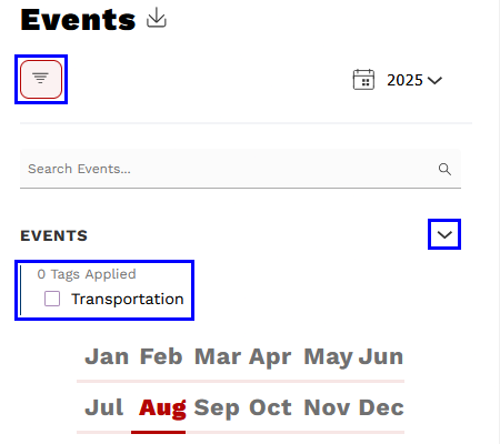 Example image of the Events Calendar page with the tag filter features highlighted in blue