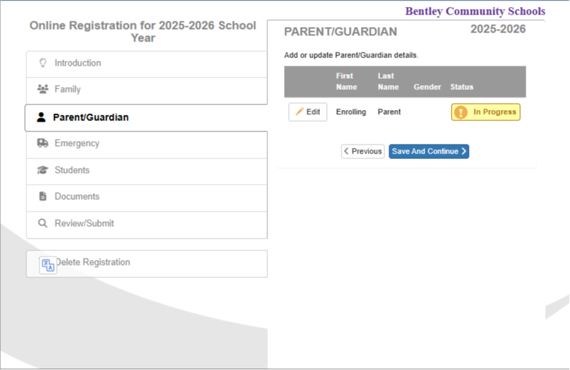 ParentVUE website OLR Parent/Guardian details example
