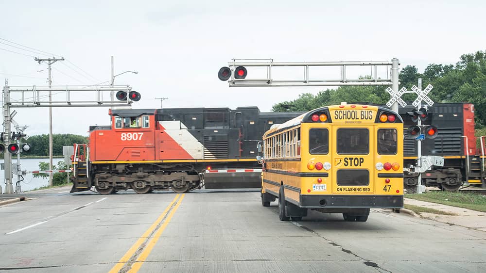 School Bus at Railway Crossing