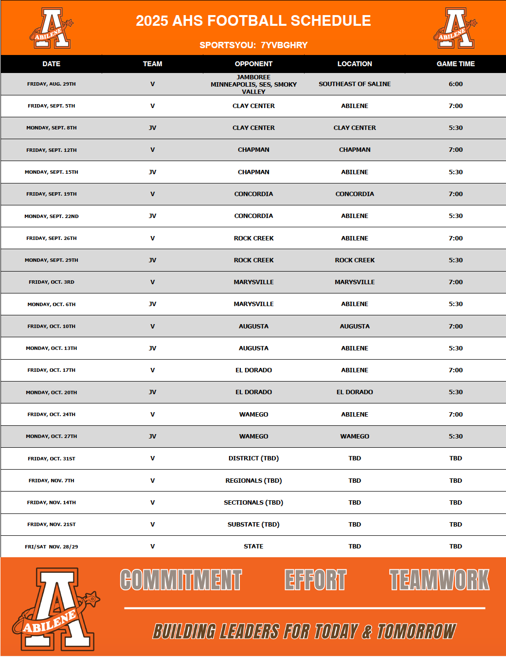 AHS football schedule