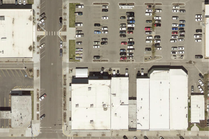 aerial map image of buildings & parking lot downtown rexburg