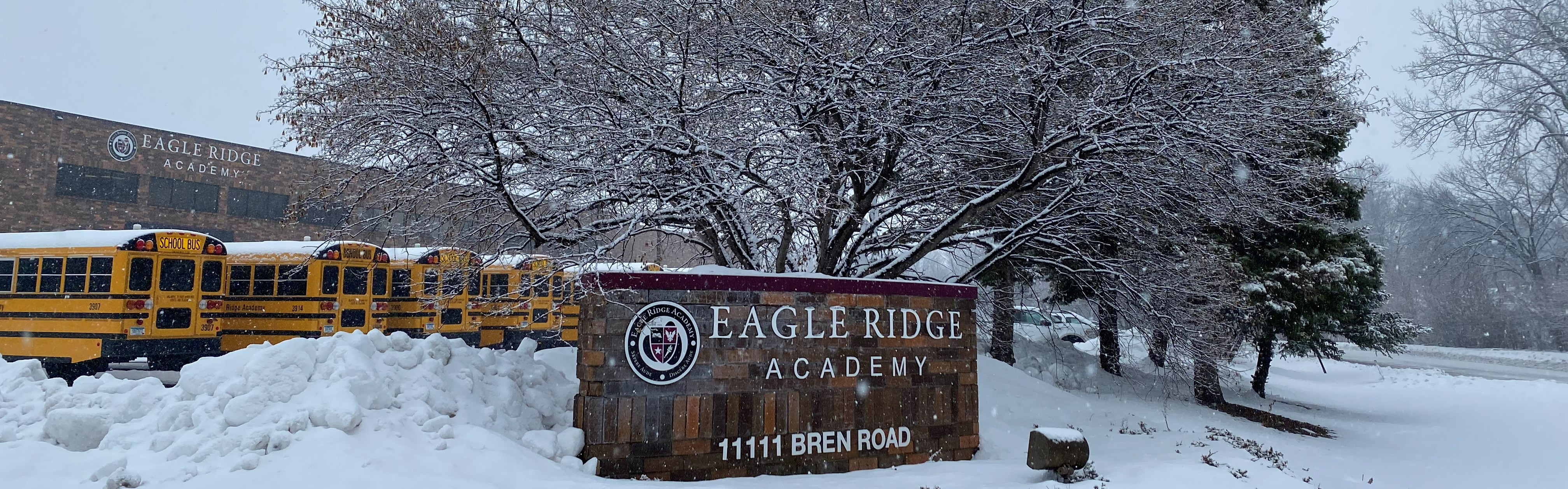 school building sign in front of a tree in the snow