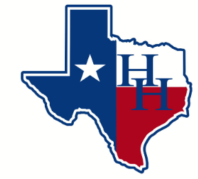 A stylized outline of the state of Texas, filled with blue and red colors, featuring a white star and the letters 'HH' in blue on the red section.