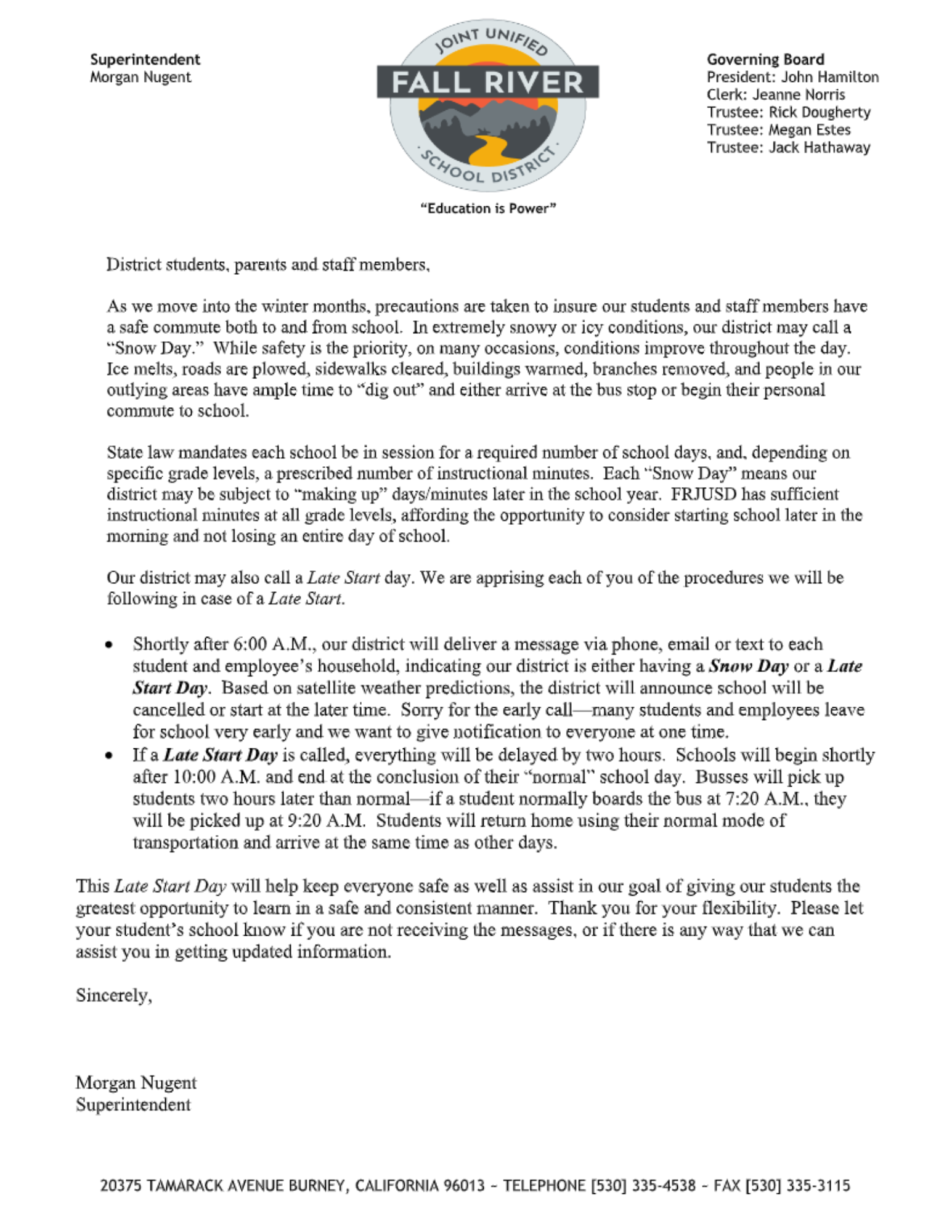 Late Start Letter