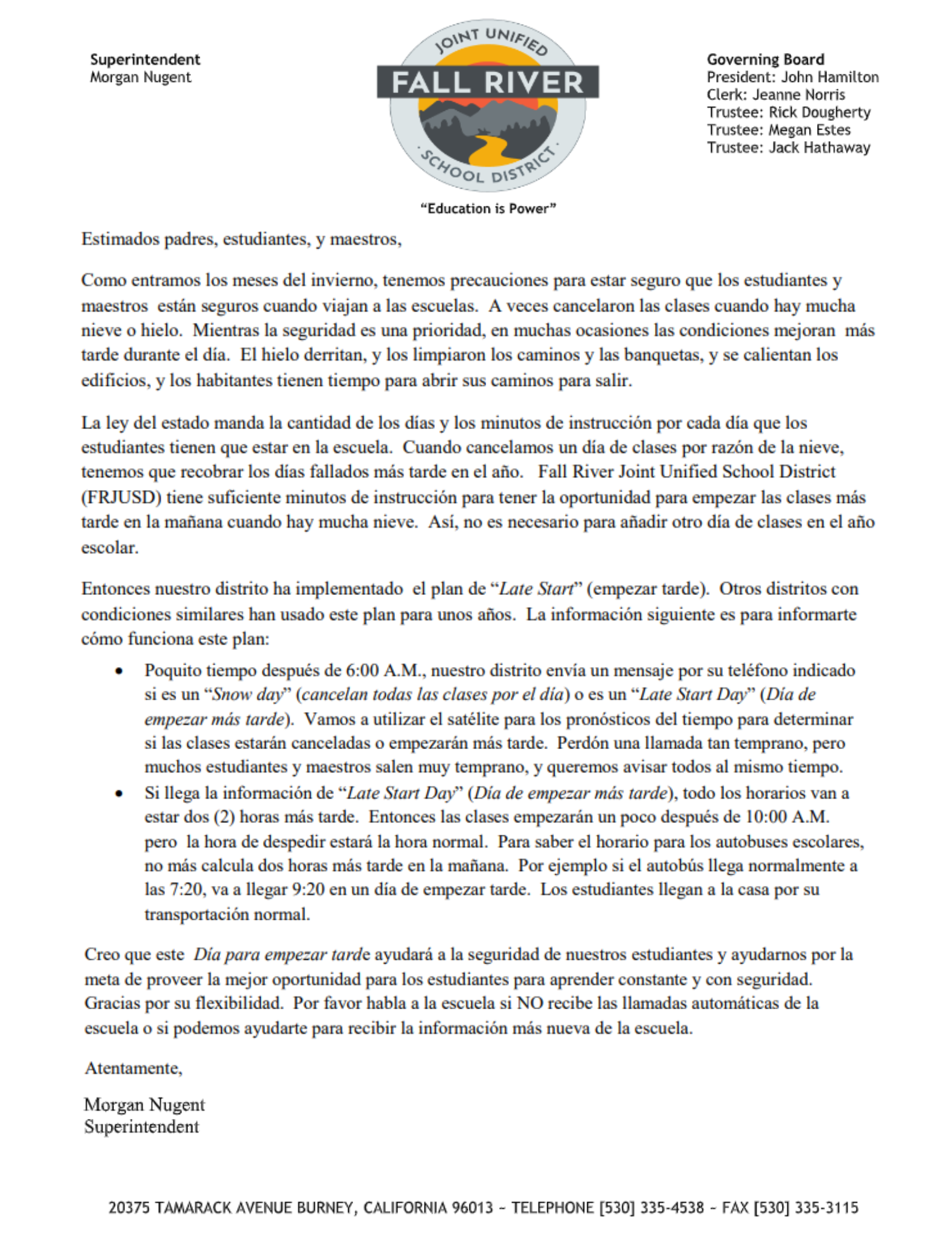 Late Start Letter (Spanish)