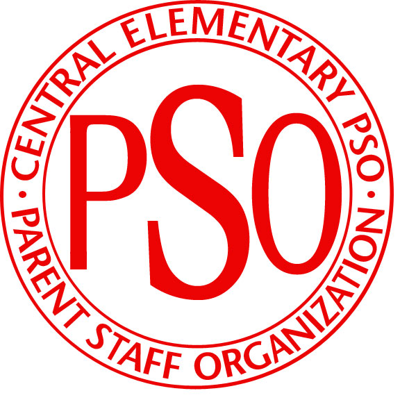 A circular logo featuring the letters 'PSO' in bold red, surrounded by the text 'CENTRAL ELEMENTARY PSO' and 'PARENT STAFF ORGANIZATION' in a red circular border.