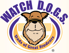 A cartoon dog wearing sunglasses, surrounded by the text 'WATCH D.O.G.S. Dads of Great Students' in purple and gold colors.