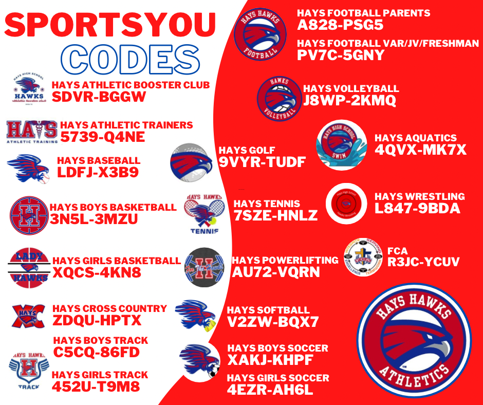 A graphic displaying the sportsyou codes for Hays High School's various sports programs.