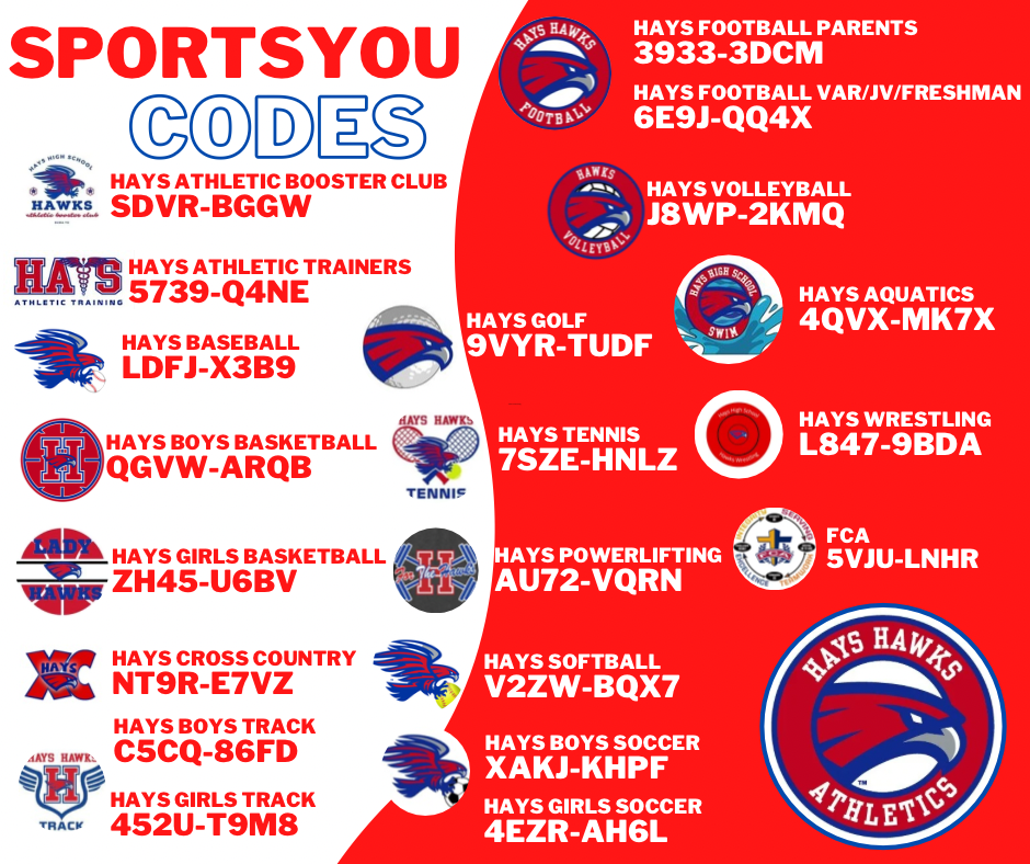 A graphic displaying the sportsyou codes for Hays High School's various sports programs.