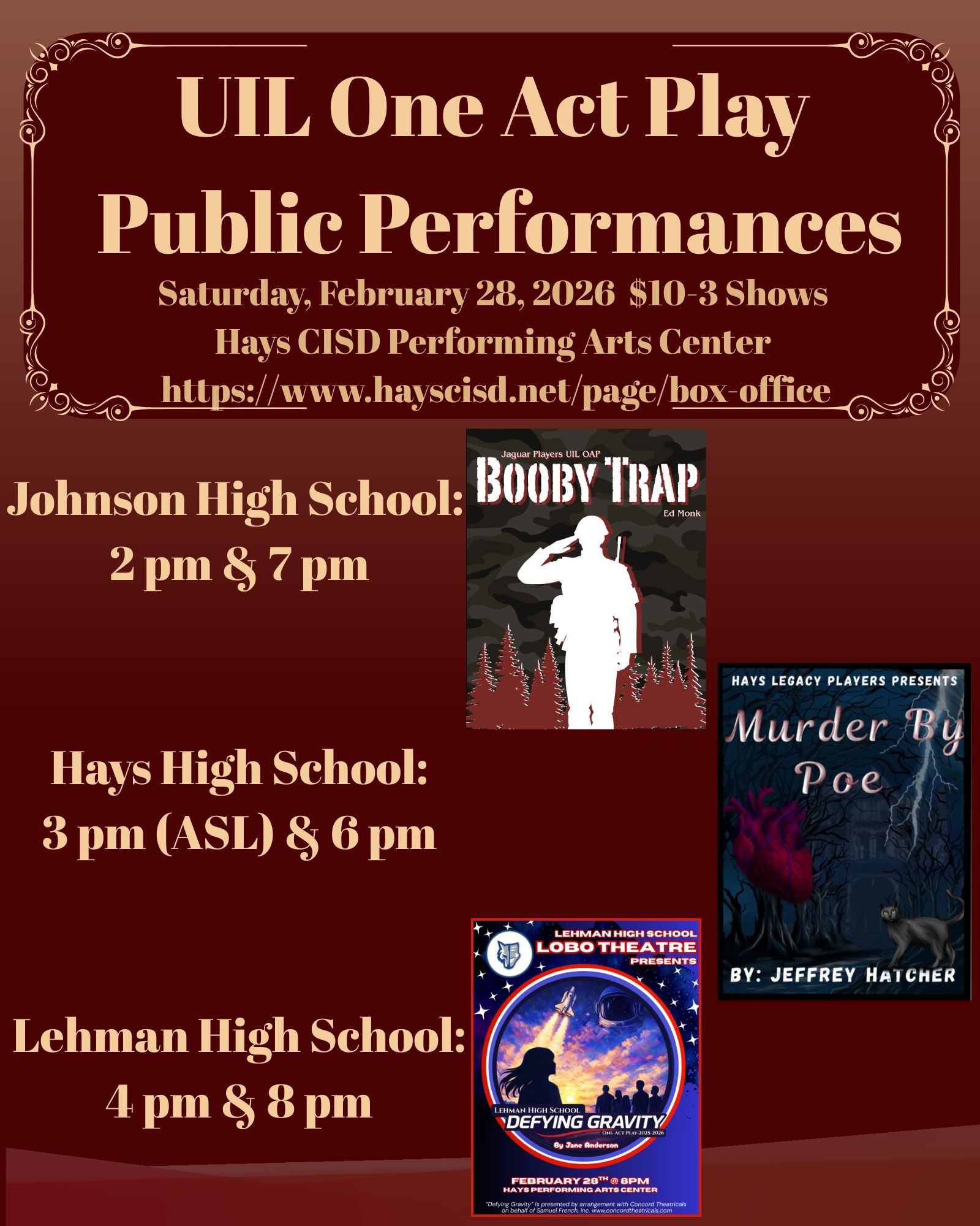 UIL One Act Play Public Performances, Saturday, February 28, 2026. $10 - 3 shows at Hays CISD Performing Arts Center