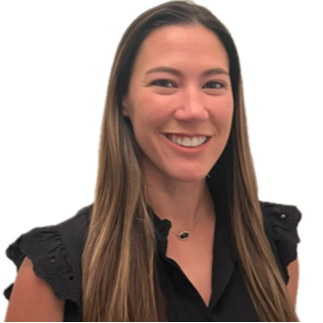 A woman with long brown hair in a black short sleeve shirt smiling at the camera.