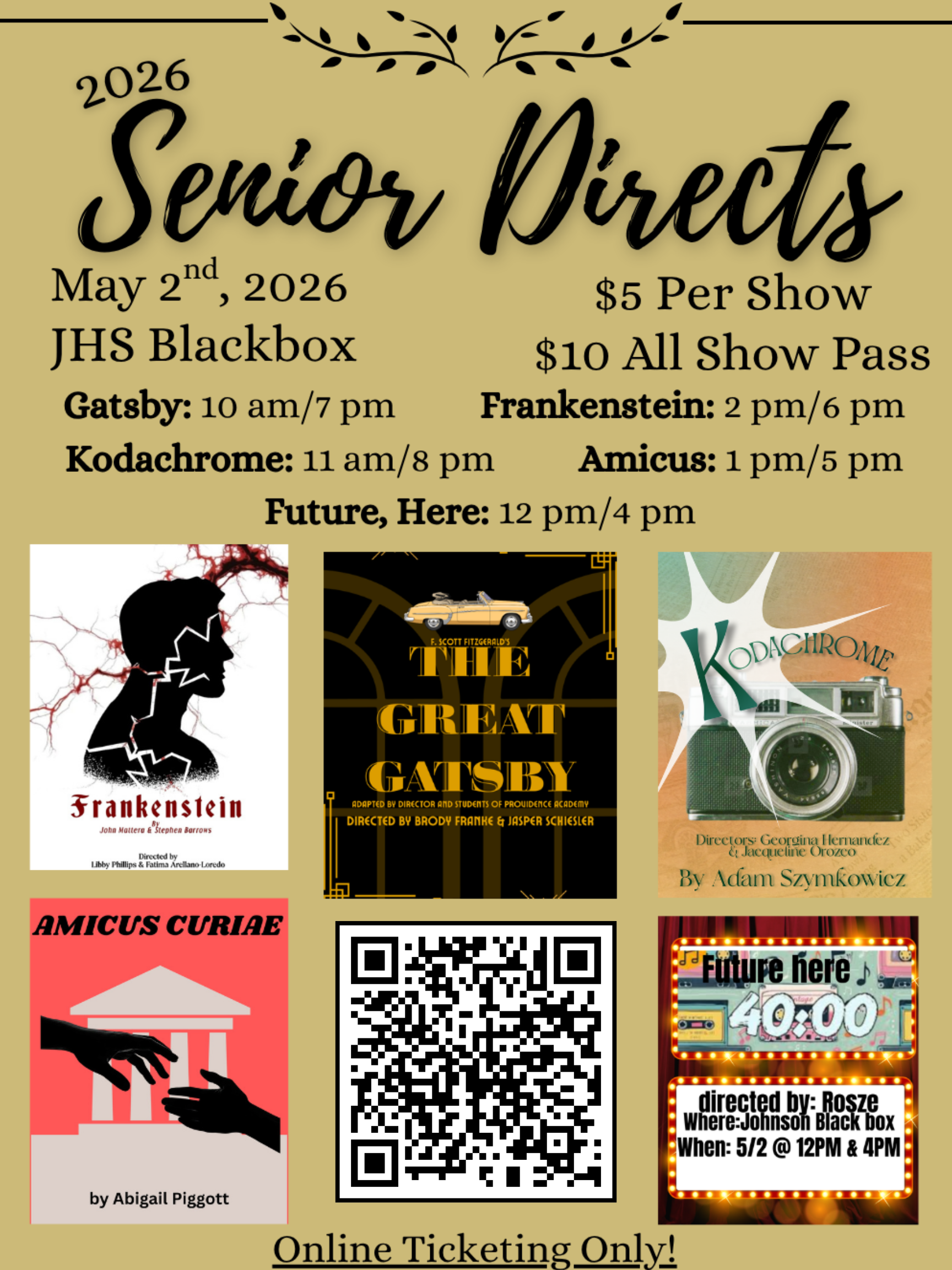 Senior Directs flyer for multiple theatre shows on May 2nd, 2026 in the JHS Blackbox room.