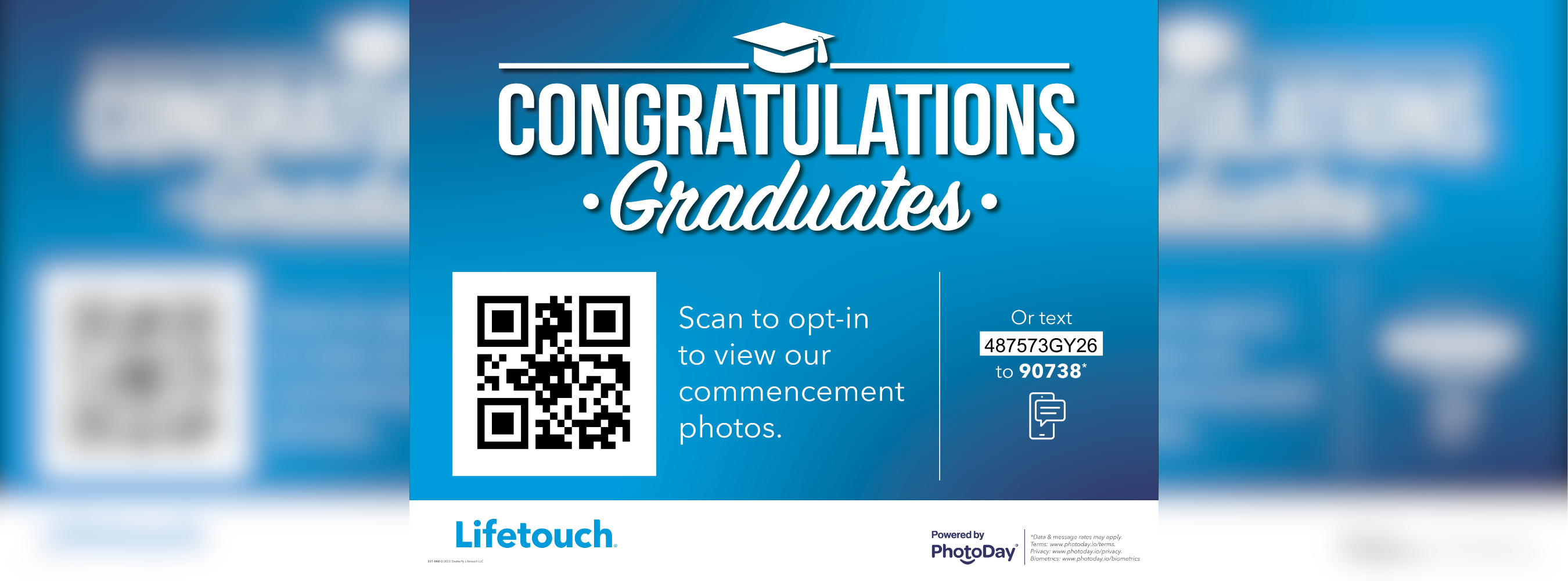 A Lifetouch graphic congratulating graduates. The graphic also includes a QR code to scan or to text "487573GY26" to 90738 to view commencement photos.