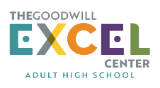 A colorful logo for The Goodwill Excel Center, featuring the words 'EXCEL CENTER' prominently, with 'THE GOODWILL' and 'ADULT HIGH SCHOOL' in smaller text.