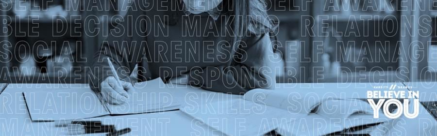 A person is writing in a notebook while surrounded by open books, with a background featuring words related to decision-making and social awareness.