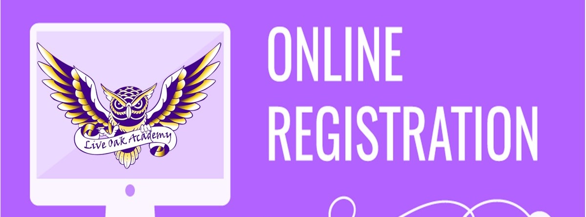 A graphic of the Live Oak Academy logo inside of a computer with the text "Online Registration" written beside it.
