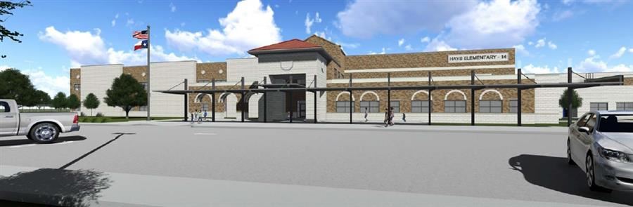 A digital rendering of a building's exterior, featuring a large entrance with a canopy, flanked by parked vehicles and surrounded by trees under a partly cloudy sky.