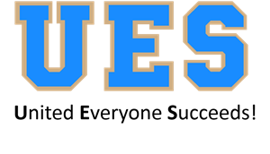The image features the letters 'UES' in bold blue with a gold outline against a black background.