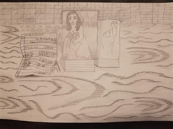 A pencil drawing depicting a girl sitting on a riverbank with two images beside her, one showing a hand raised and the other featuring a girl, all set against a wavy water background.