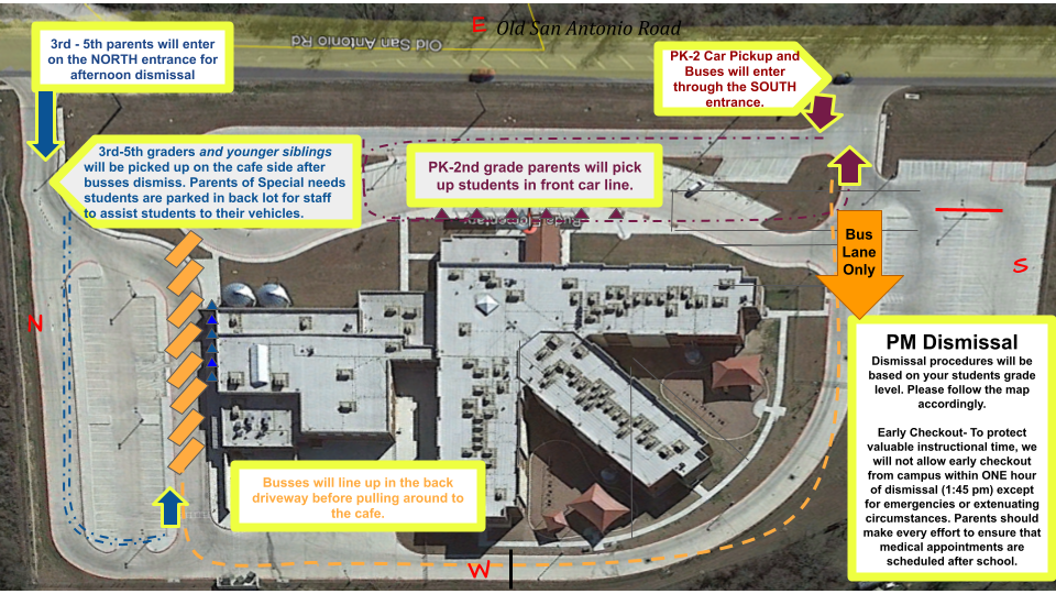 A detailed aerial map of a school layout showing designated areas for parent drop-off and pick-up, with directional arrows and instructions for traffic flow during PM dismissal.