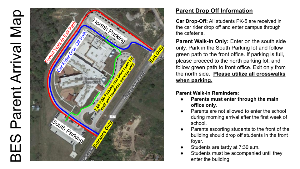 A detailed arrival map for BES parents, showing designated drop-off areas, walking paths, and important reminders for student drop-off procedures.