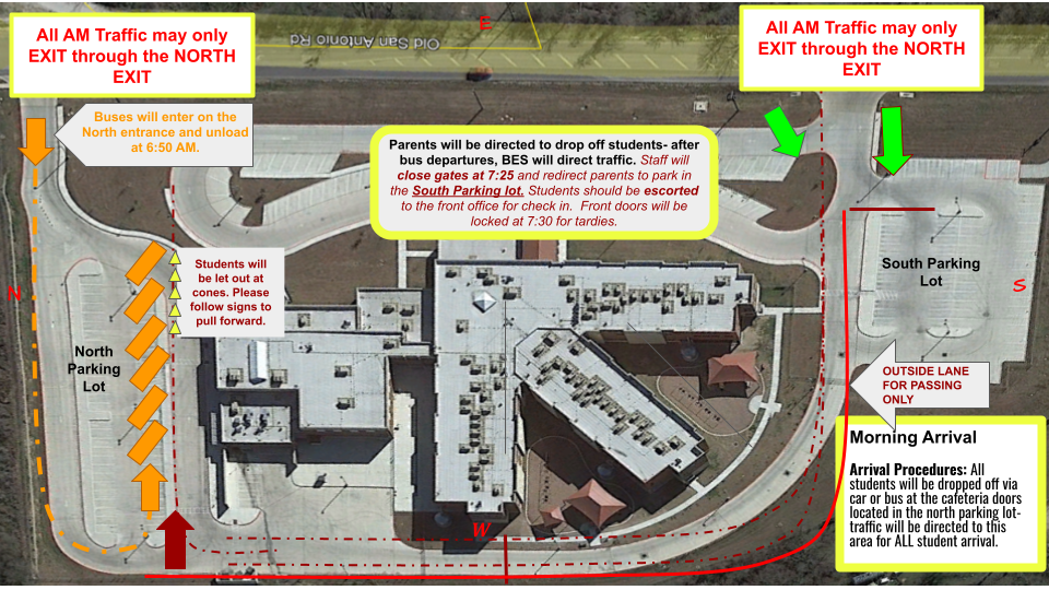 A diagram showing traffic flow and drop-off instructions for a school, indicating designated entry and exit points, parking areas, and directions for parents dropping off students.