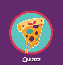 A cartoon-style slice of pizza with a smiling face and colorful toppings, set against a purple background with the word 'Quizizz' at the bottom.