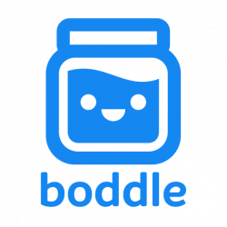 A blue jar with a smiling face and the word 'boddle' written below it in lowercase letters, all set against a black background.