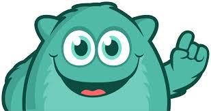 A cartoonish teal monster with large eyes and a friendly smile, raising one finger as if to indicate a point.