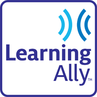 The logo of Learning Ally features the name in bold purple text with sound wave symbols in blue above it.