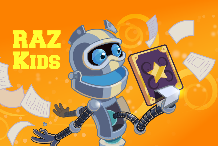 A cartoon robot character holding a star card against a bright orange background, with flying papers around it and the text 'RAZ Kids' in bold letters on the left.