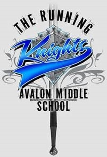 The image is of a school emblem featuring a sword and the text "The Running Knights Avalon Middle School.