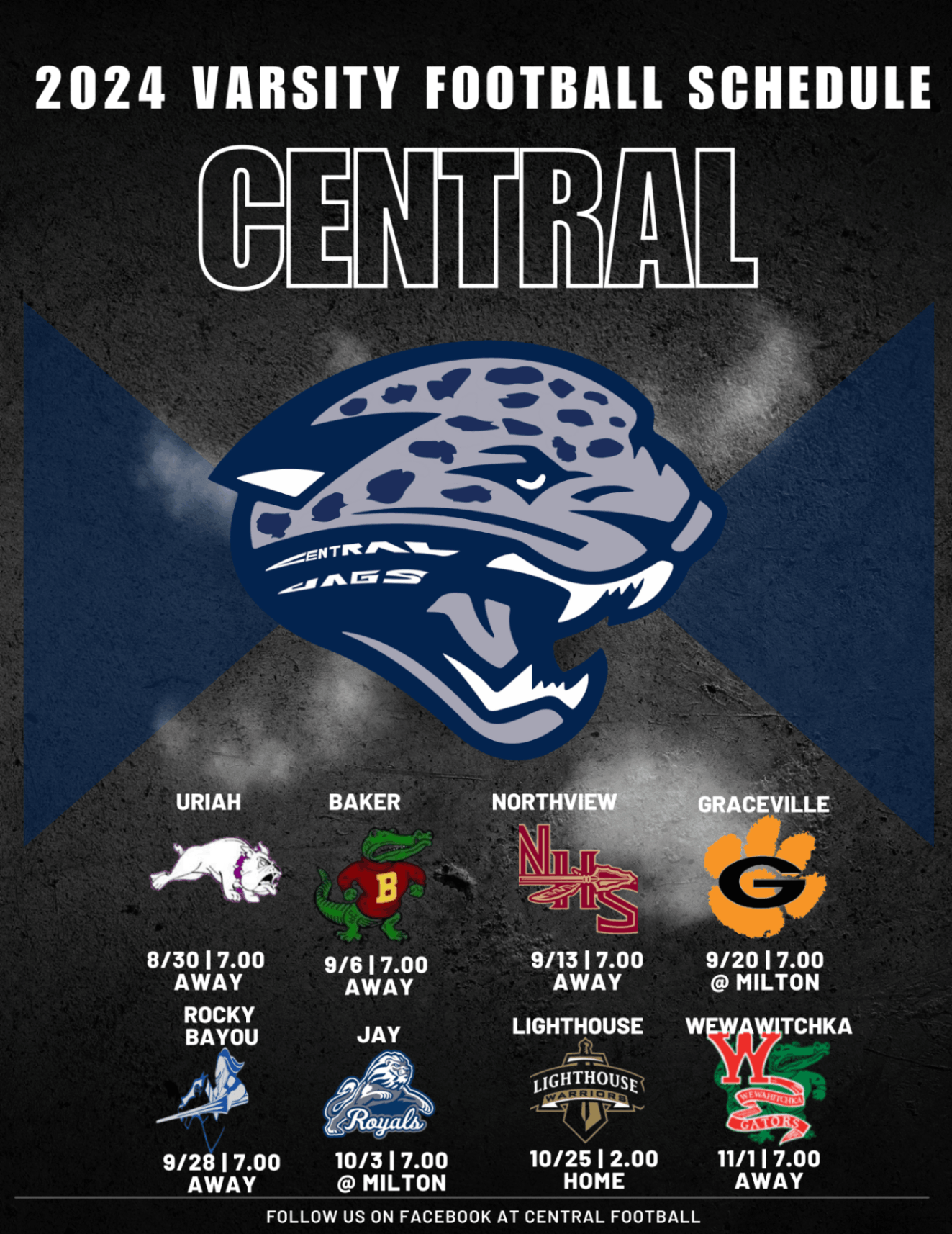 The image features a poster for the 2021 varsity football schedule of Central High School with the Panthers mascot in the center, set against a dark background with the team's logo at the top.