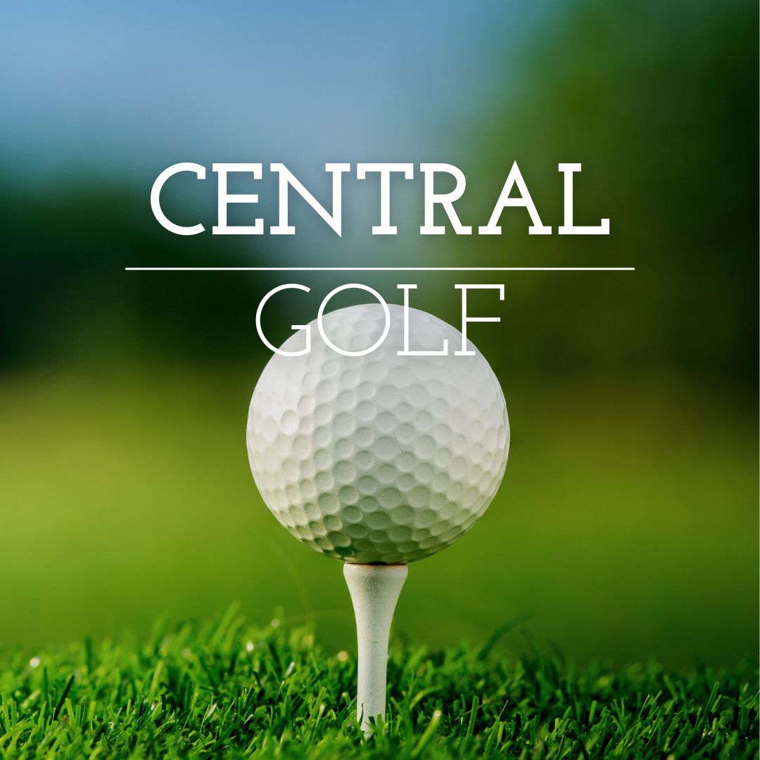 A professional golf ball on the tee, set against a lush green field, symbolizing the start of an exciting game at Central Golf.