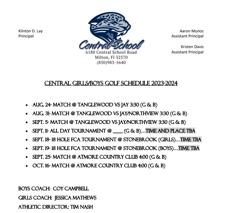 Central High School Girls Golf Schedule for 2021