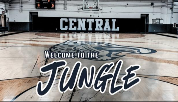 The image showcases a basketball hoop with the text 'CENTRAL BASKETBALL' prominently displayed on a black background.