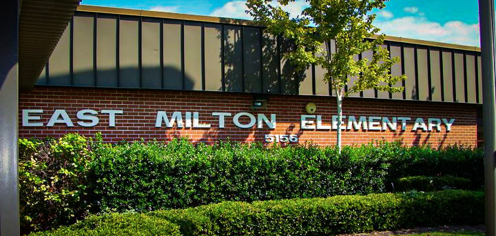Front of building with East Milton Elementary Sign