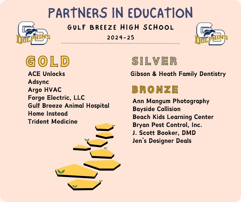 A poster advertising an event, with the text 'Partners in Education Gulf Breeze High School' prominently displayed.