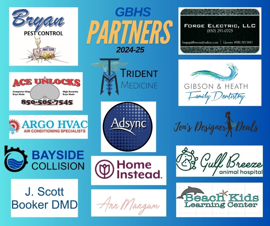 This image displays a vibrant collage of logos representing different businesses or services, with various texts, numbers, and images related to the theme "Partners." The text "GBHS Partners" is prominently displayed in white against a dark background.