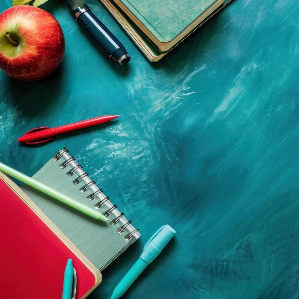 Photo of pens and notebooks on a blue surface.