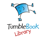 A cartoonish blue book character with a smiling face and limbs is depicted above the text 'TumbleBook Library' in blue and red letters.