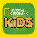 The logo for National Geographic Kids features the words 'KIDS' in large, playful orange letters against a green background with radiating lines, accompanied by the National Geographic logo in the top left corner.