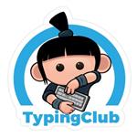 A cartoon character with black hair styled in a bun, wearing a blue shirt, is typing on a keyboard, surrounded by a blue circular outline with the text 'TypingClub' at the bottom.