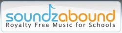 A logo for Soundzabound, featuring the text 'Royalty Free Music for Schools' in a modern font with blue and orange colors.