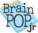 The logo for BrainPOP Jr., featuring the words 'BrainPOP' in bold black letters above 'jr.' in a playful font, set against a light blue background resembling a notepad with spiral binding.