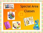 A colorful poster titled 'Special Area Classes' featuring various icons representing different subjects such as music, art, and library activities.